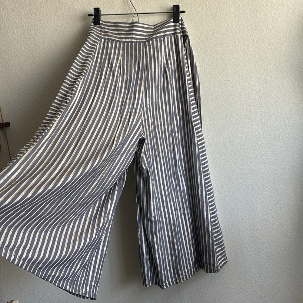 Anthropologie Eva Franco Blue White and Gold Striped Wide Leg Pants Size 0 - Picture 7 of 8